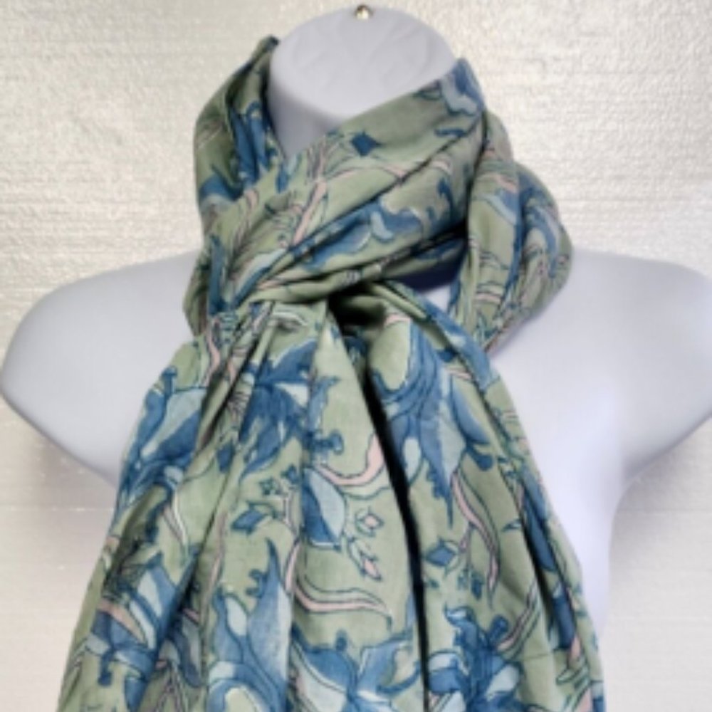 BANJARA Long 70" X 21" Rectangle Cotton Scarf Lily Blue Green Pink Lilies
